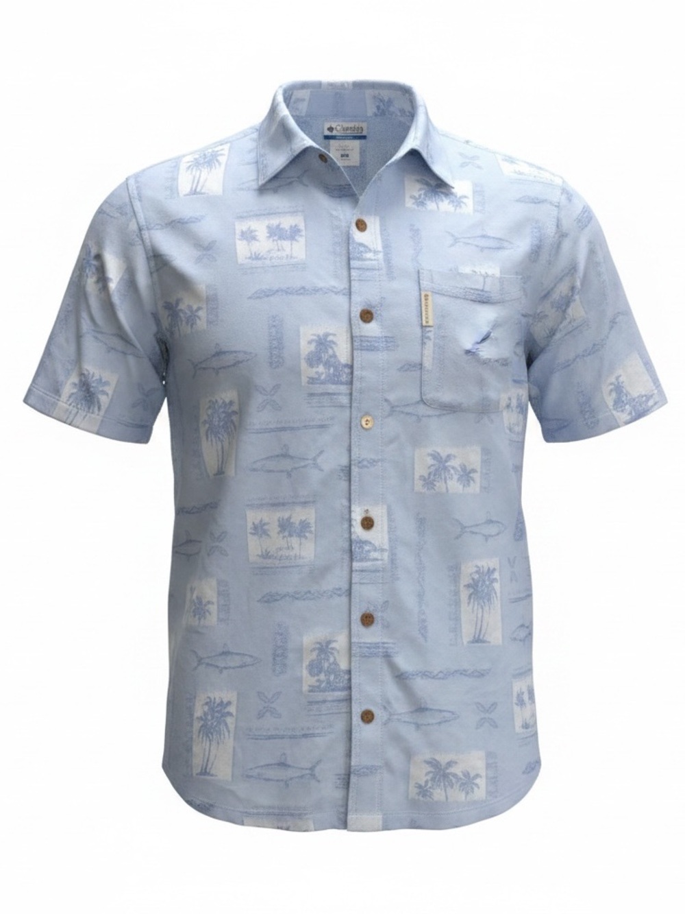 Columbia River Lodge Shirt Mens XL Blue Palm Trees/ Fish Print Button Up Casual